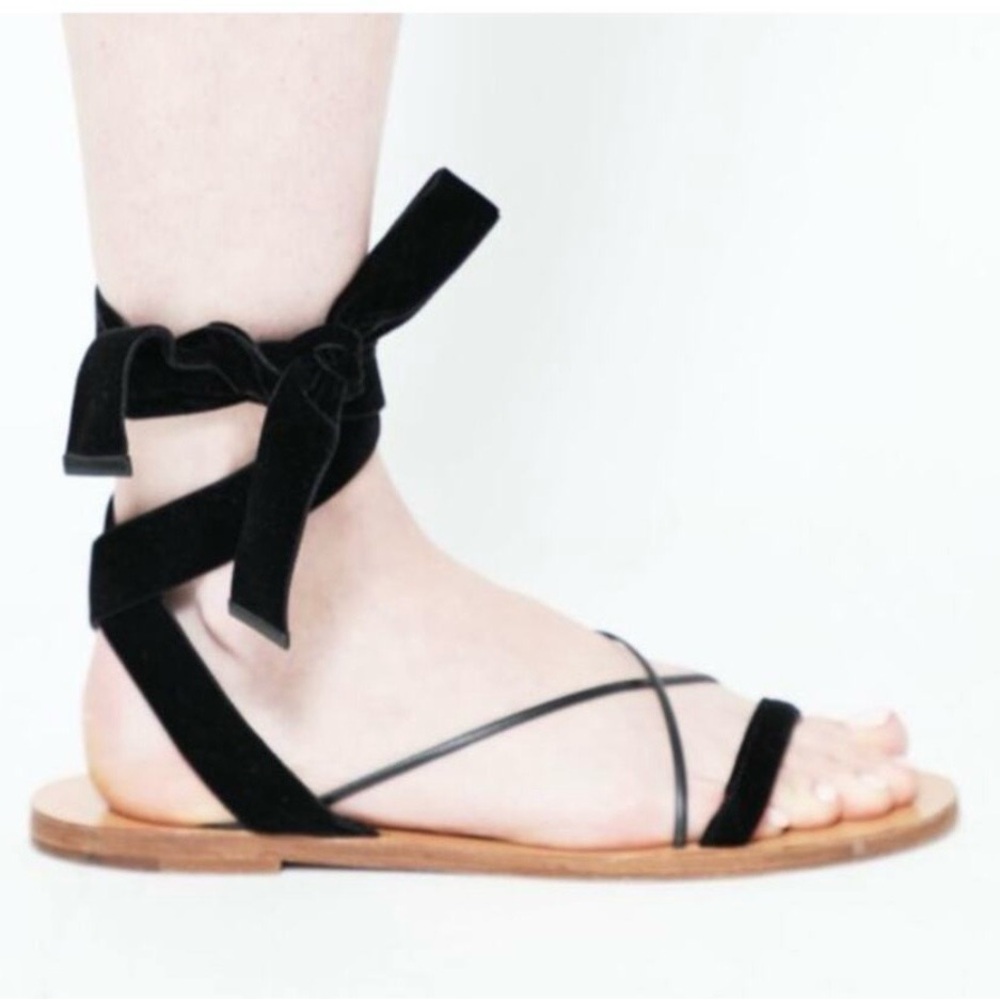 Valentino Garavani Black Lace Up Leather trimmed Velvet Sandals - Size EU 37 1/2